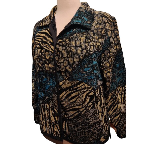 Womens L Jacket Reversible Jacquard Brocade Black Gold Blue Boho 90s Vintage - Picture 4 of 16